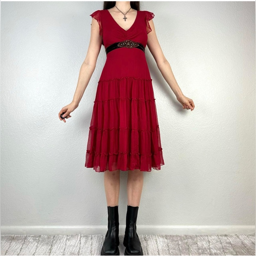 New Vintage 90s Vampy WhimsyGoth Red Tiered Dark Brown Velvet Beaded Belt 6